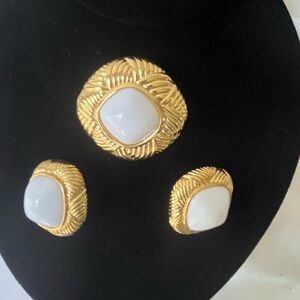 Vintage Estate Clip on Opaque Dome Stone Earrings and Brooch